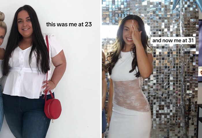 Woman sharing her glow up in her 30s, showing transformation from age 23 to 31 with confident style and smile.