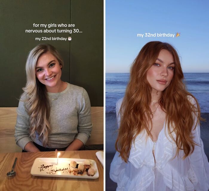 Side-by-side photos of a woman at 22 and 32, showcasing glow ups and confidence in their 30s by the ocean and indoors.