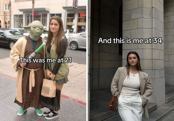 Woman shares her glow up in her 30s, showcasing confidence and style changes between ages 21 and 34.