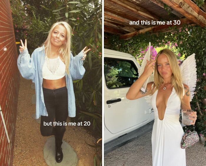 Side-by-side photos of a woman showing her glow up from 20 to 30, celebrating confident women in their 30s.