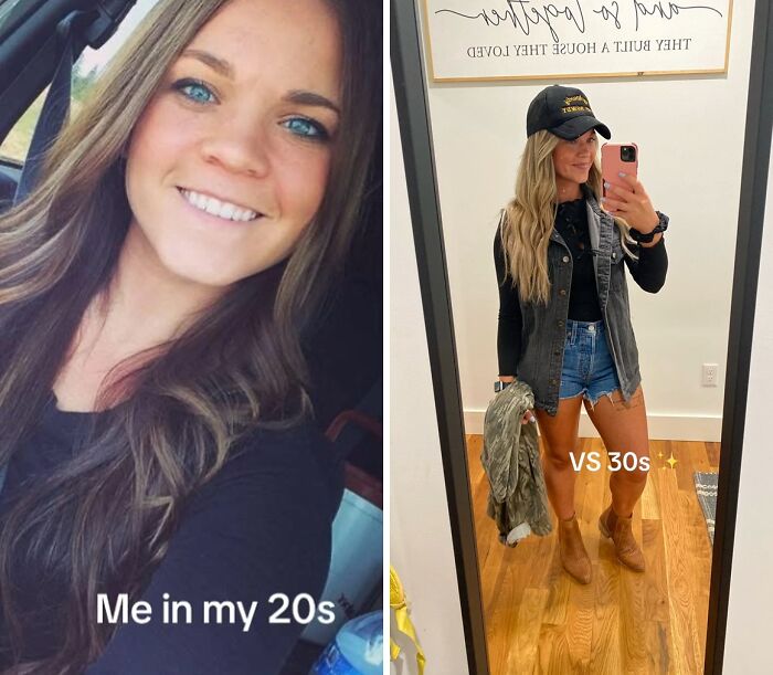 Woman sharing her glow up transformation showing confidence and style in her 20s and 30s for aging inspiration