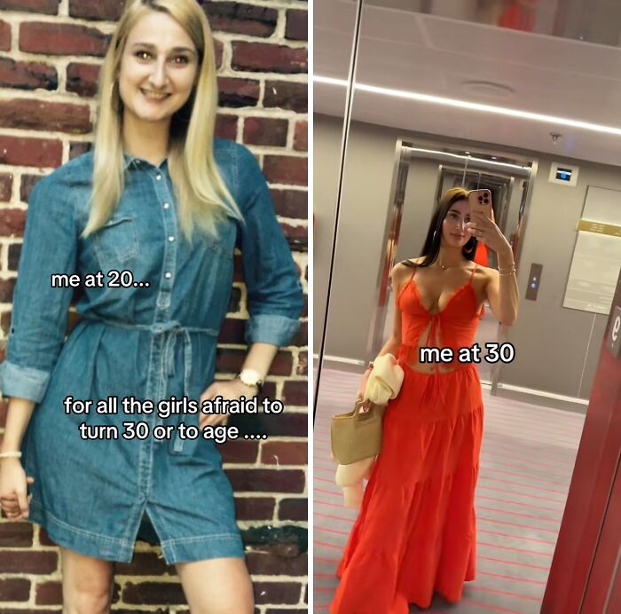 Side-by-side photos of a woman showing her glow up in her 30s, illustrating confidence and style transformation.