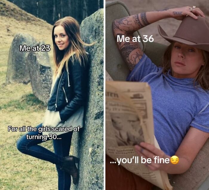 Side by side images showing a woman’s glow up from early 20s to 30s emphasizing confidence and aging positively.