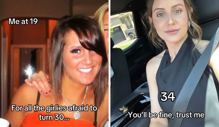 Side-by-side images showing a woman’s glow up from 19 to 34, inspiring confidence in aging for women in their 30s.
