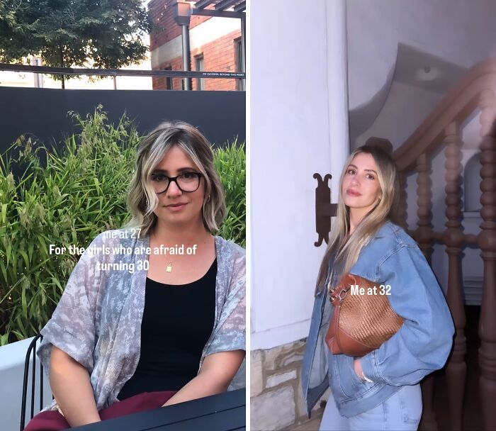 Side-by-side photos of a woman showing her glow up in her 30s for those afraid of aging gracefully.