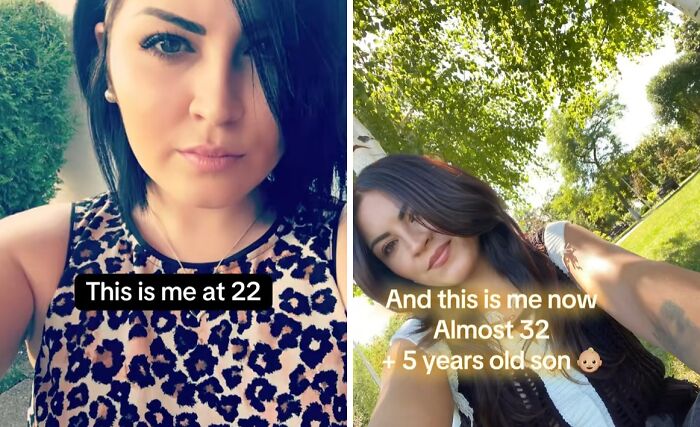 Side-by-side photos of a woman showing her glow up in her 30s with natural outdoor lighting and a confident smile.