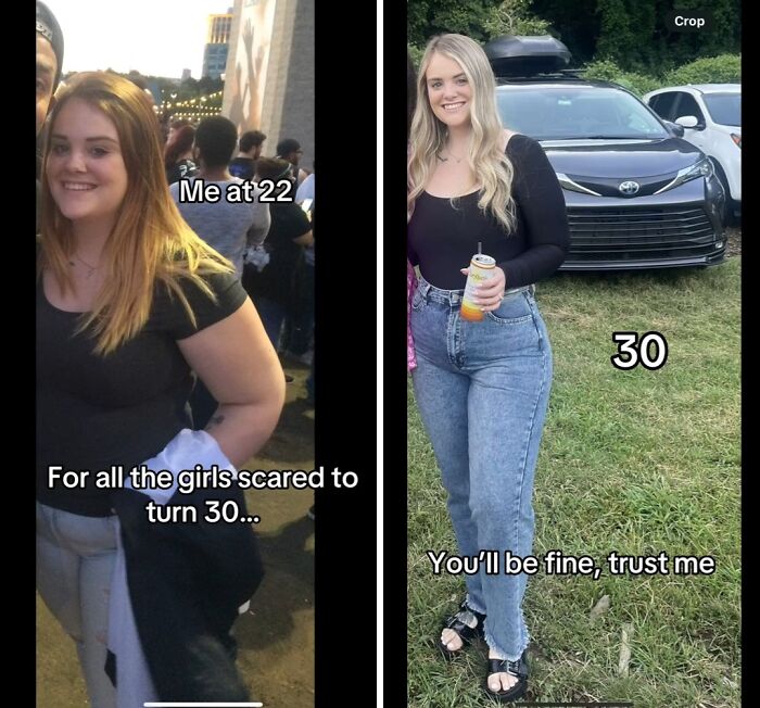 Woman share their glow ups in their 30s showing confident transformation from age 22 to 30 outdoors with a smile.