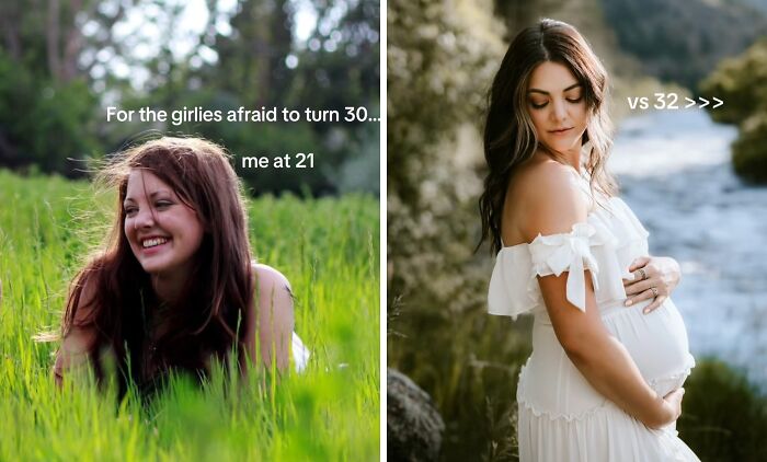 Young woman smiling in grass at 21 contrasted with confident glowing pregnant woman at 32 showcasing glow ups in their 30s.