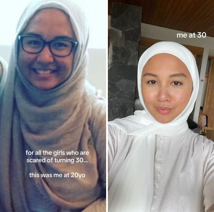 Woman showing glow up transformation from age 20 to 30, highlighting confidence and beauty in their 30s.