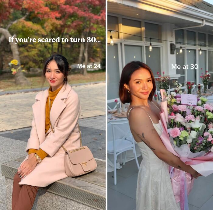 Woman sharing her glow up transformation in her 30s, showing confidence and beauty with flowers and a bright smile.
