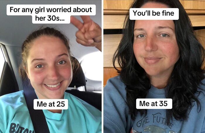 Split image showing a woman’s glow up from age 25 to 35, symbolizing confidence and beauty in their 30s.