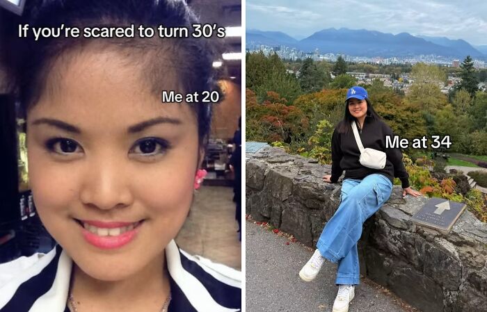 Side-by-side photos showing a woman’s glow up from age 20 to 34, illustrating women glow ups in their 30s.