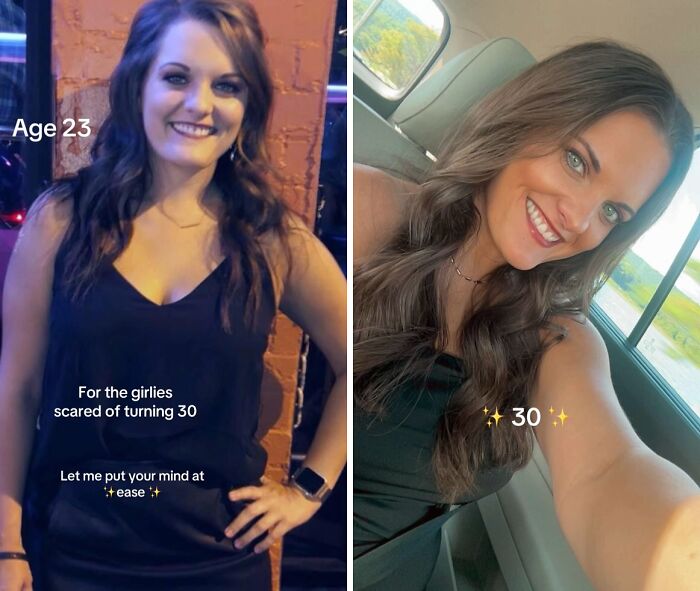Side-by-side photos of a woman showing her glow up at age 23 and 30 with a confident smile indoors and in a car.