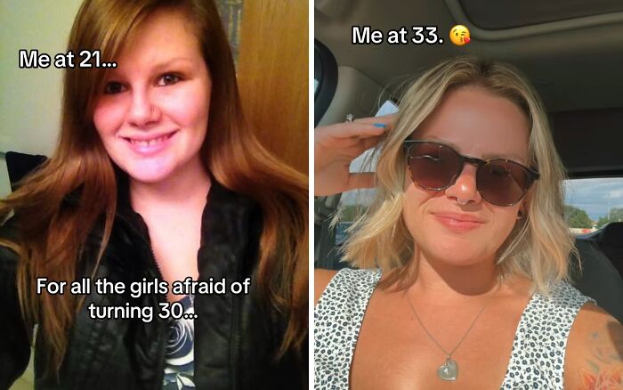 Side-by-side photos showing a woman’s glow up from age 21 to 33, inspiring confidence in aging for women.