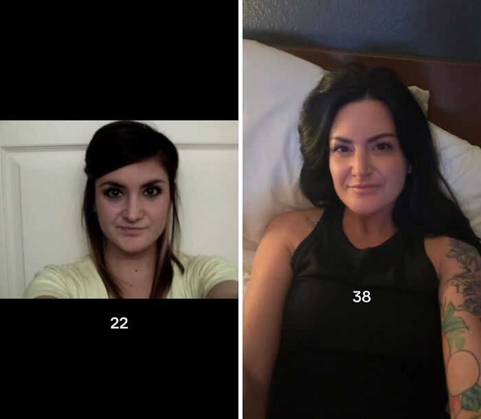 Woman showing glow up transformation from age 22 to 38, highlighting women glow ups in their 30s and aging confidence.