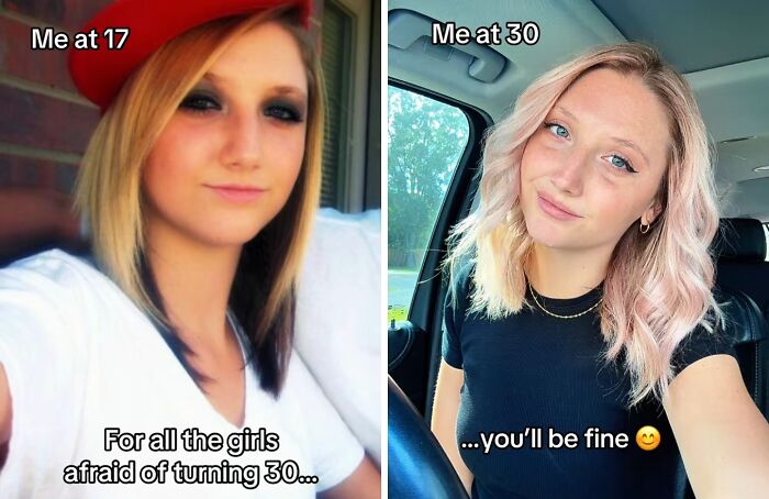 Side-by-side photos showing a woman’s glow up from age 17 to 30, inspiring confidence about aging in your 30s.