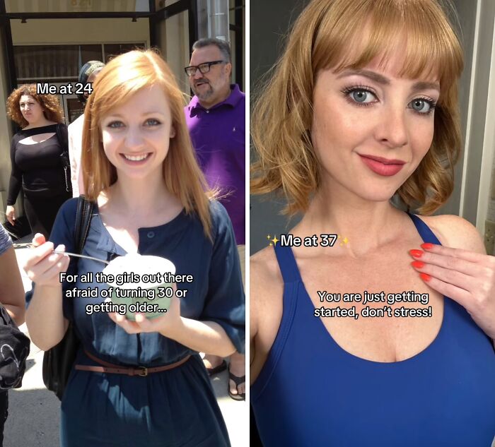 Side-by-side photos of a woman showing her glow up in her 30s, inspiring confidence about aging gracefully.