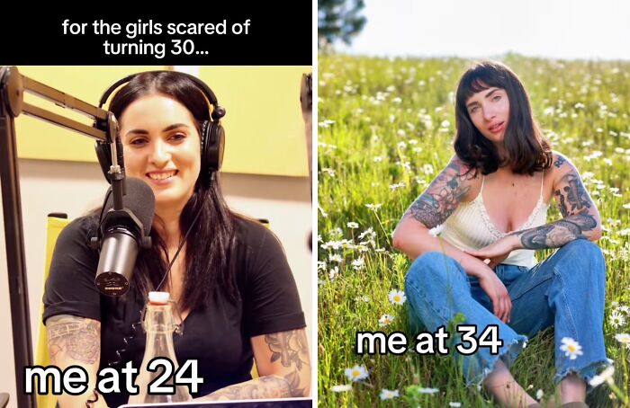 Woman sharing her glow up at 24 and 34, showcasing confidence and beauty in their 30s for anyone afraid of aging.