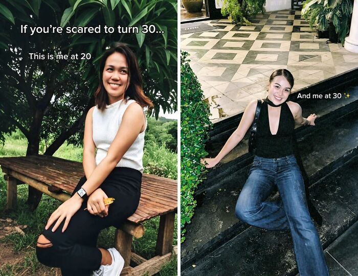 Two women share their glow ups in their 30s, showing confident and joyful transformations over the years.