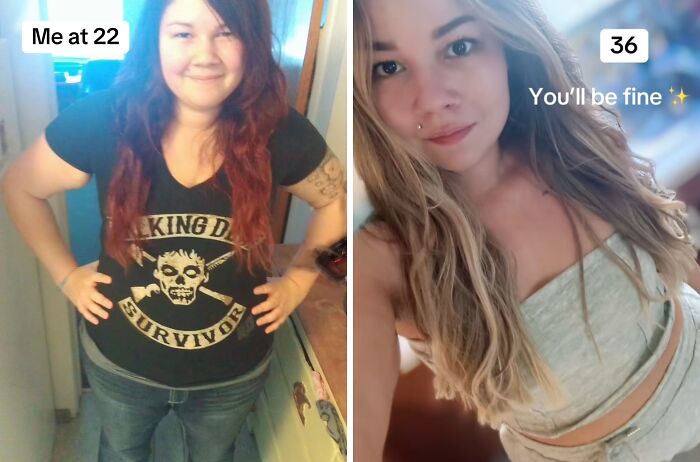 Side-by-side photos showing a woman's glow up from her 20s to 36, highlighting confident women sharing their glow ups in their 30s.