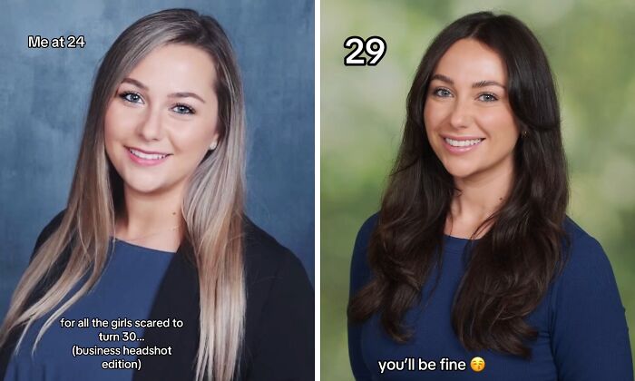 Side-by-side photos of a woman at 24 and 29 showing glow ups for women afraid of aging in their 30s.