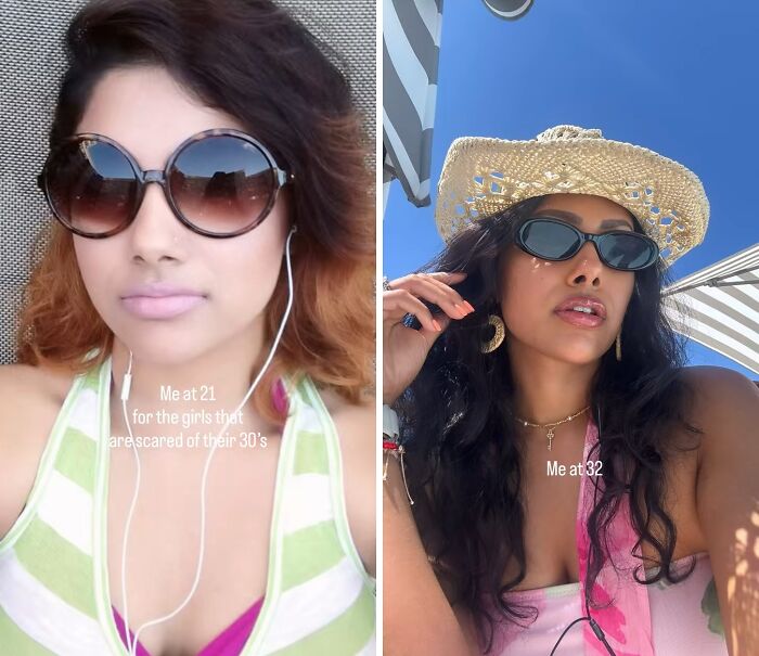 Side-by-side photos showing a woman’s glow up in her 30s, wearing sunglasses and stylish outfits outdoors.