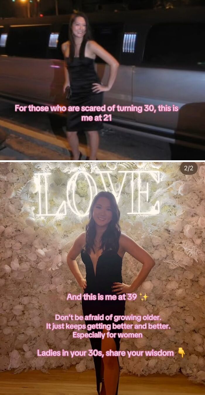 Woman showing glow up in her 30s, wearing a black dress in front of a limo and a floral wall with love lights.