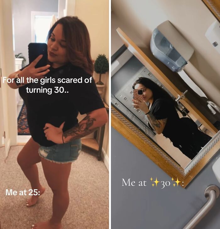 Woman shares glow up transformation from age 25 to 30, celebrating confidence and positive aging in her 30s.