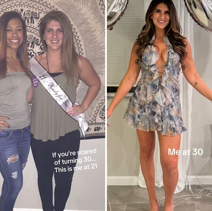 Woman showing glow up transformation at 21 and 30, highlighting confidence and beauty in their 30s glow up journey.