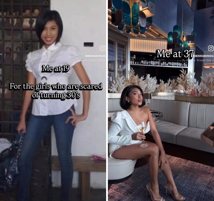 Woman showing glow up in her 30s, stylish and confident transformation from late teens to late 30s celebrating aging gracefully