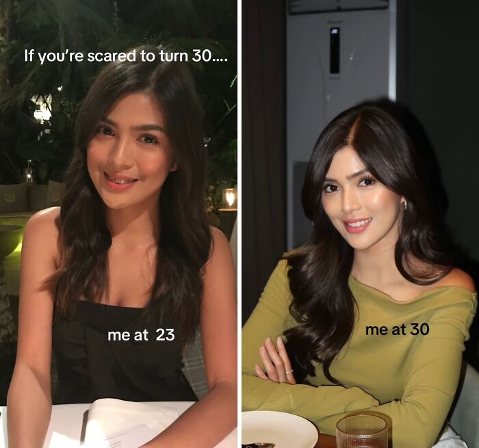 Young woman sharing her glow up transformation from age 23 to 30, showcasing confidence and beauty in her 30s.