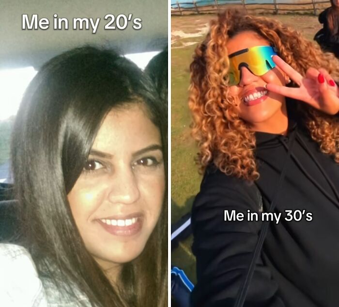 Side-by-side photos showing a woman's glow up in her 30s with curly hair and vibrant sunglasses outdoors.