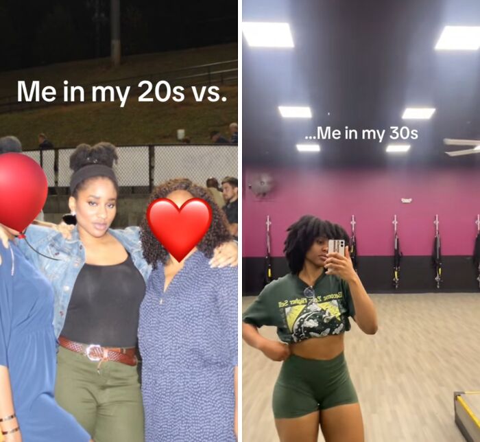 Woman sharing her glow up journey in her 30s, showcasing confidence and fitness transformation over the years.