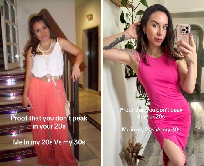 Side-by-side images of a woman showing a glow up in her 30s, highlighting confidence and style transformation.