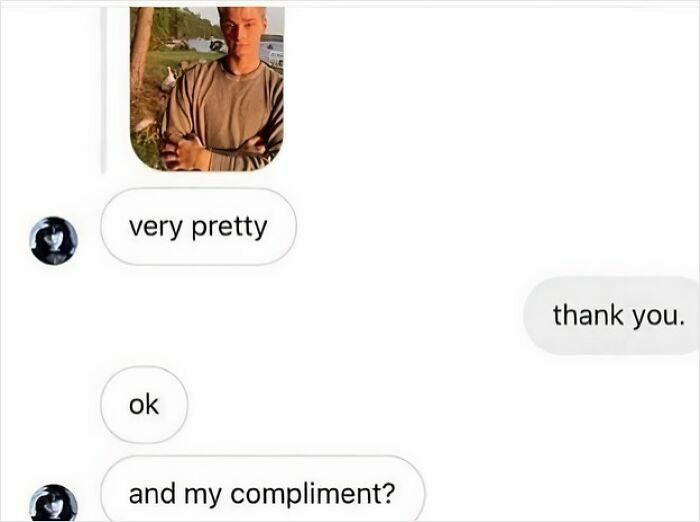 A humorous text message exchange illustrating unhinged memes featuring evil thoughts and awkward compliments.