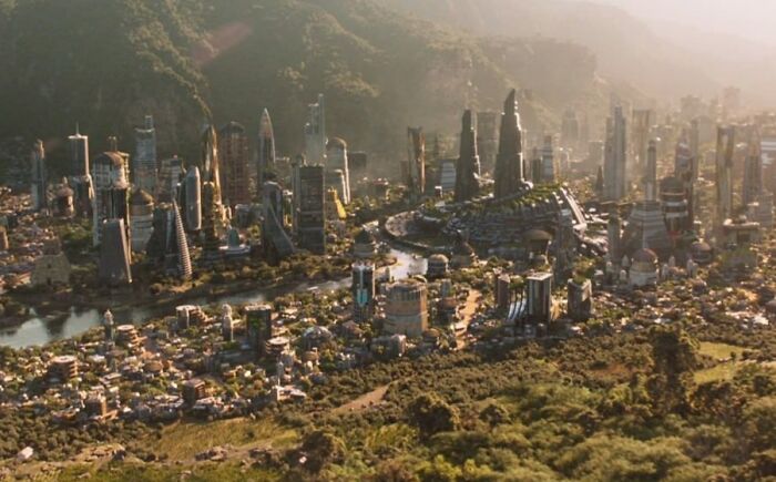 Famous mysterious and magical imaginary world featuring futuristic cityscape surrounded by forests and rivers at sunrise.