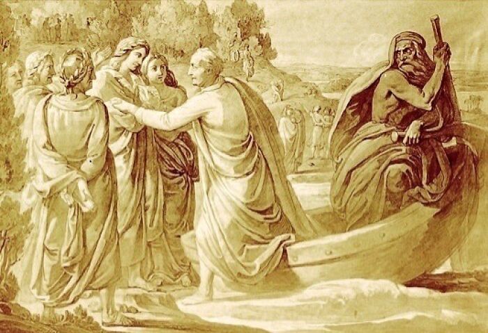 Sepia-toned illustration of people in classical robes interacting by a boat, representing mysterious and magical imaginary worlds.