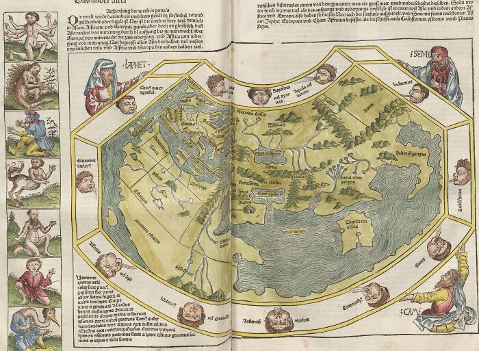 Old illustrated map featuring mysterious imaginary worlds and places surrounded by mythical creatures and figures.