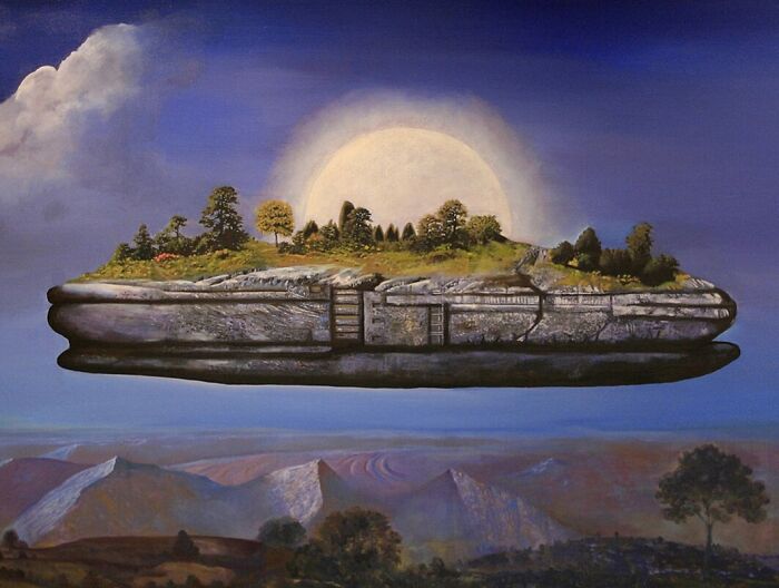 Floating stone island with trees and greenery, a magical imaginary world under a glowing sky and distant mountains.