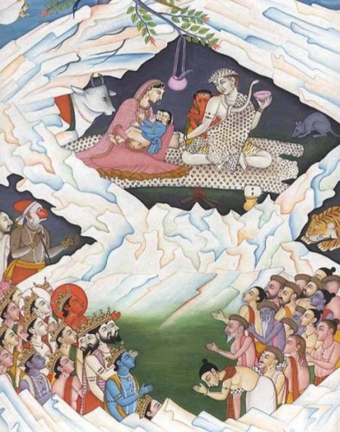 Ancient artistic depiction of a mysterious and magical imaginary world with divine figures and celestial beings in a cave setting.