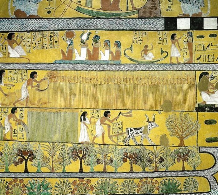 Ancient Egyptian wall painting depicting agricultural and ceremonial scenes from a famous mysterious imaginary world.