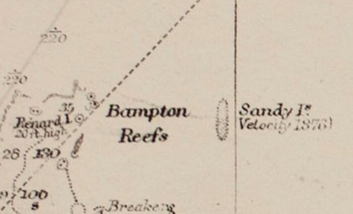 Vintage map showing Bampton Reefs and surrounding mysterious imaginary worlds and places on a faded background.