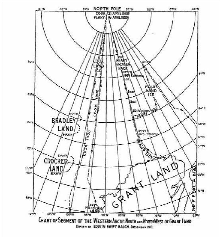 Black and white historic map of mysterious imaginary Arctic lands including Bradley Land, Crocker Land, and Grant Land.