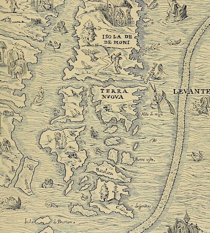 Vintage map illustration depicting mysterious and magical imaginary worlds and places with detailed island sketches.
