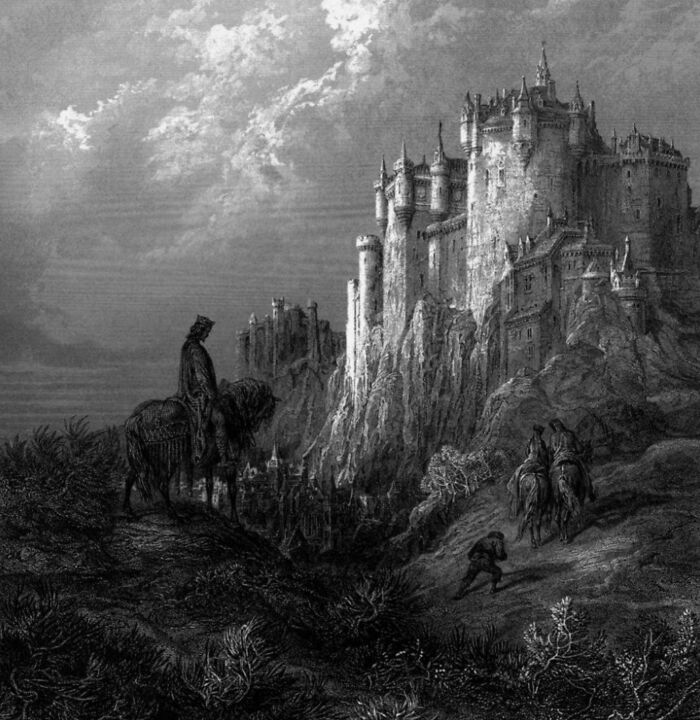 Black and white illustration of mysterious imaginary worlds featuring a large castle on a rocky hill with riders approaching.
