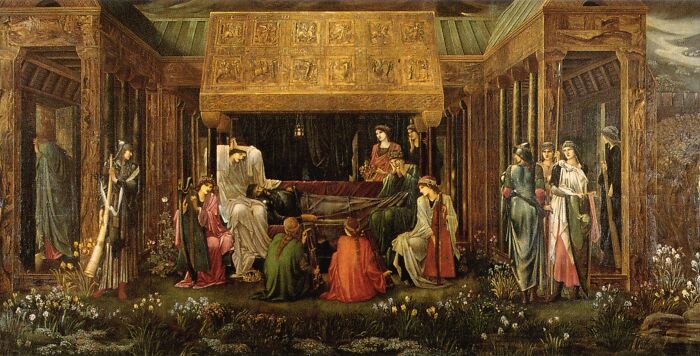 Medieval scene depicting a gathering in a castle, evoking magical imaginary worlds and mysterious places in fantasy art.