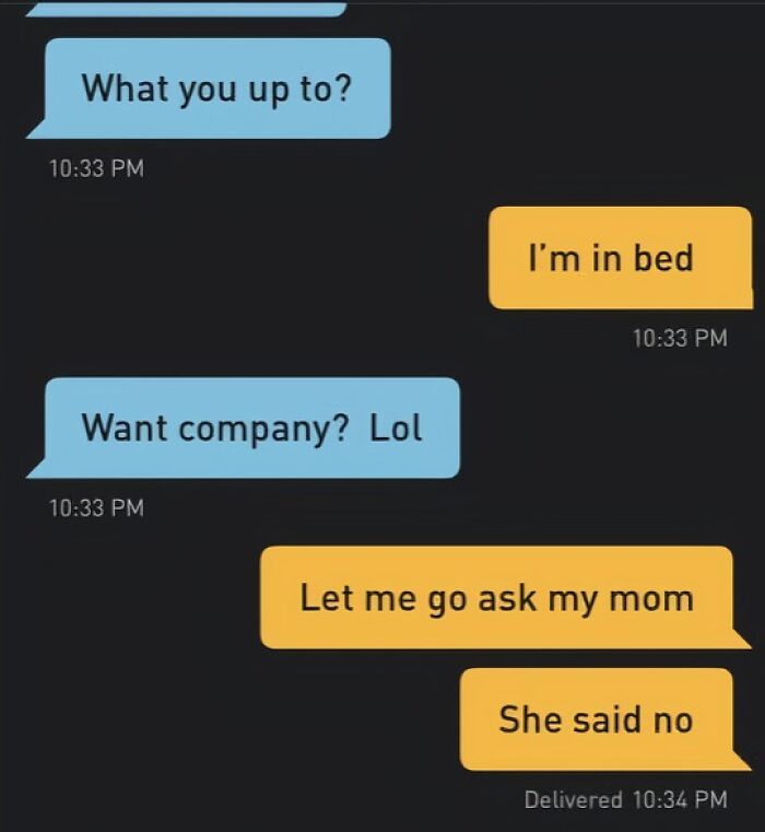 Funny text message conversation meme showing a playful chat about asking mom for permission for company.