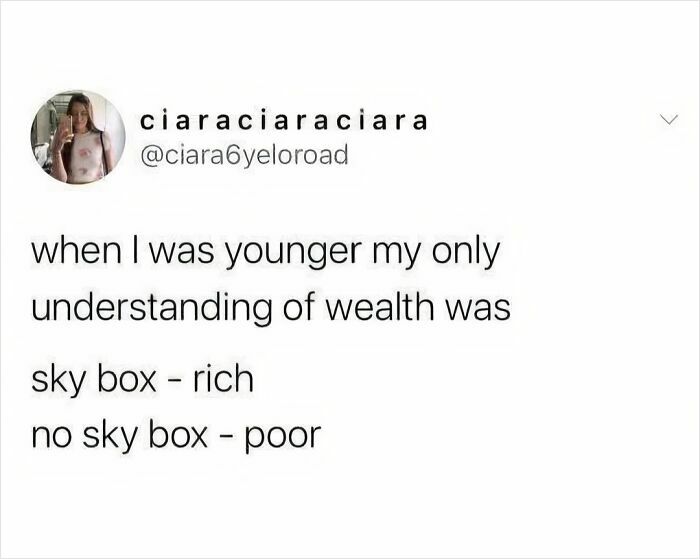 Social media meme humor about childhood views on wealth linked to having a sky box, a popular meme theme.
