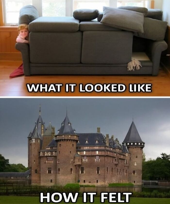 Child hiding behind a couch meme illustrating the contrast between what it looked like and how it felt with memes for laughter.