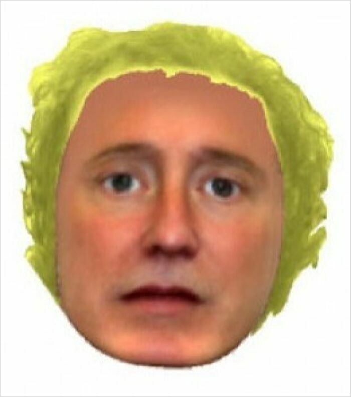 Police sketch of a man with yellow hair, featuring exaggerated and caricature-like facial features on a white background.